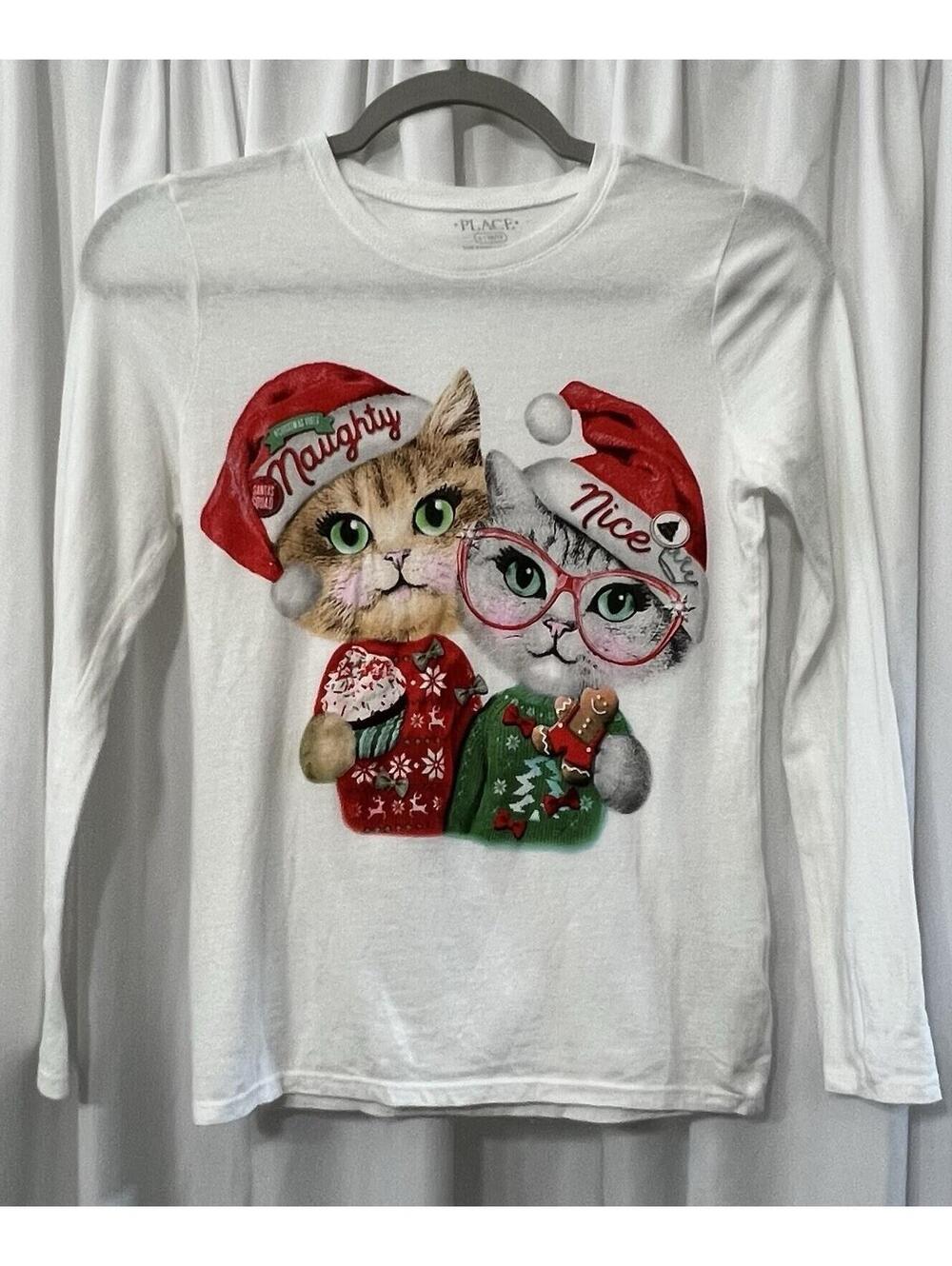 Children’s Place Christmas / Holiday T-Shirt Cats Naughty Nice Sz L 10/12